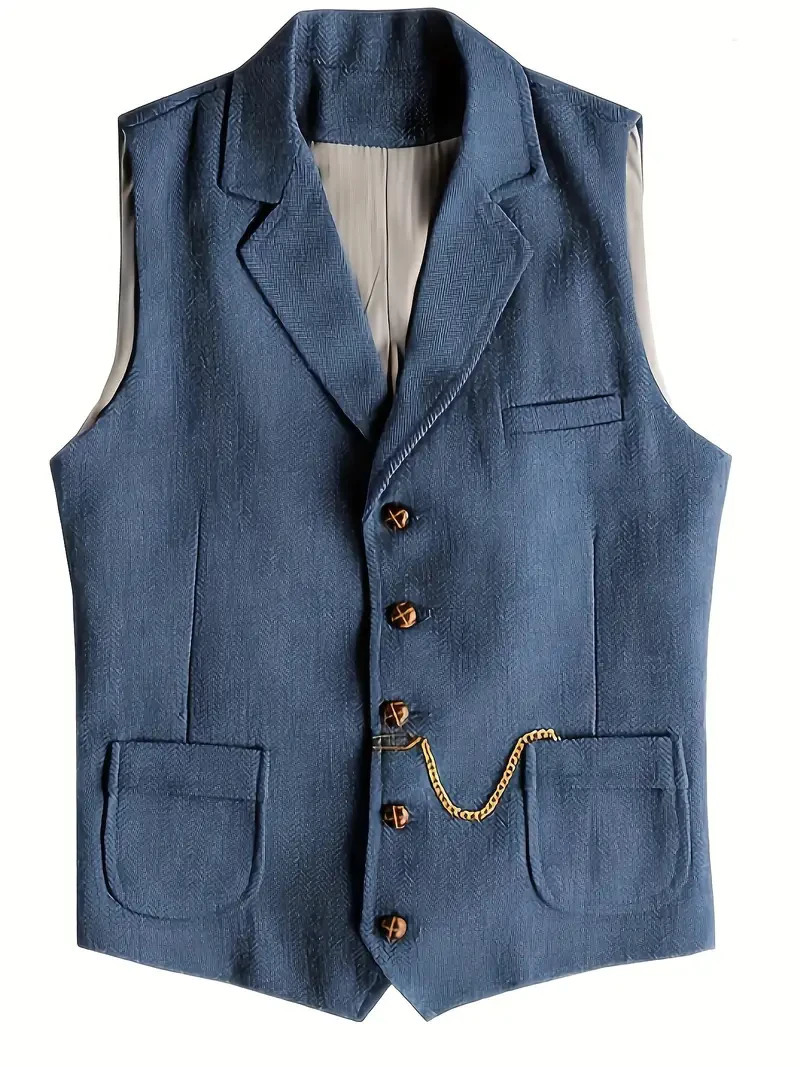 Mens Tweed Suit Vest Herringbone Single Breasted Pockets Notched Lapel Collar Ideal for Groomsmen Formal Events 260611