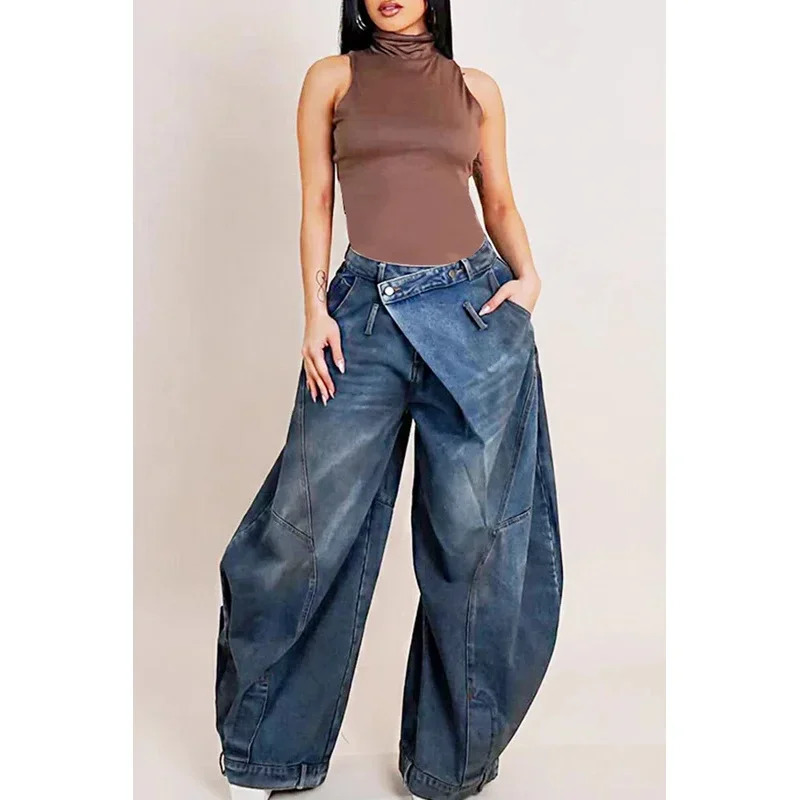 Y2K Women Loose Denim Jeans Asymmetric Button Pocket Washed Jean Casual Harajuku High Street Grunge Denim Trouders Pants 260605