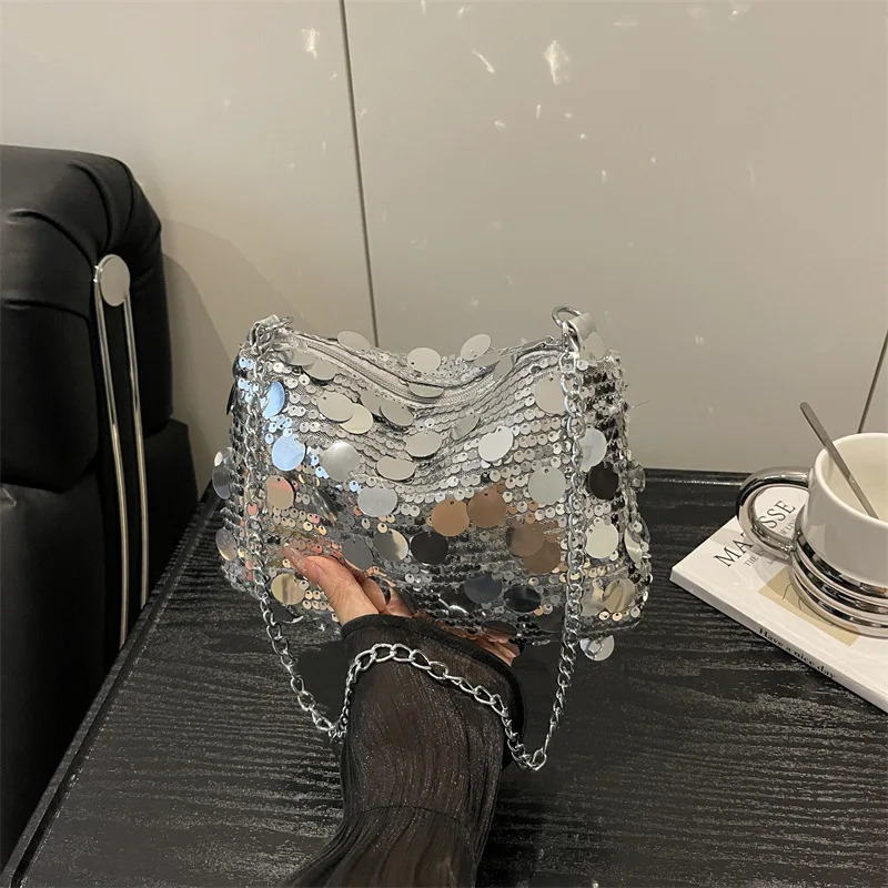 Sequin Evening Party Shoulder Bags for Women Lightweight Portable Ladies Chain Crossbody Bag Solid Color Casual Female Handbag 260610