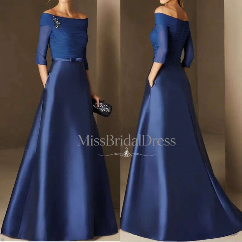 Elegant A Line Prom Off The Shoulder 1/2 Sleeve Floor Length Ruffle Appliques Sequins Beaded Celebrity Evening Dresses Plus Size Custom Made B5008 M