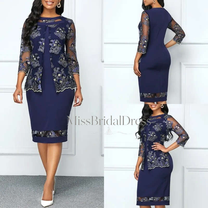 Royal Sheath Mother Of The Bride Dresses Satin Lace Plus Size Applique Jewel Neck Wedding Guest Dress Long Sleeve Tea Length Evening Gowns Mb612