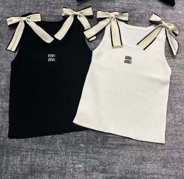 Top Womens Cropped Tee top Bow Shoulder High Waist Sexy Slim Tank Tops Designer Miu T Shirt Elegant Casual Clothes Embroidery