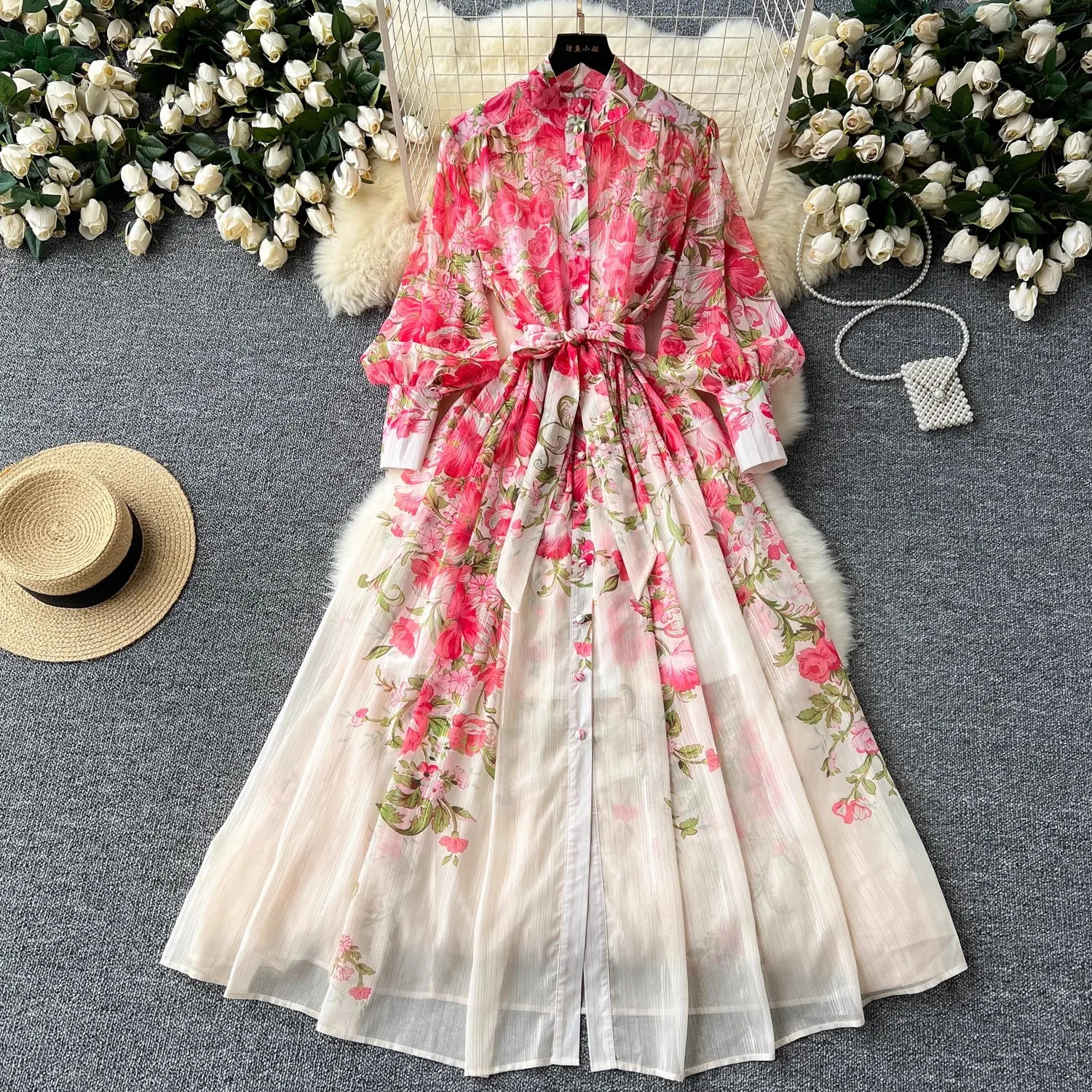 Summer Gorgeous Flower Holiday Long Dress Womens Stand Lantern Sleeve Floral Print Lace Up Loose Robe Boho Chiffon Vestidos 260611