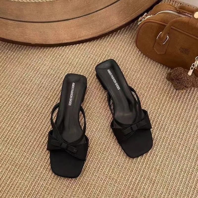 Women Elegant Square Toe Bow Mule Sandals Casual Low Block Heel Slip On Summer Beach Fashion Slippers 260612