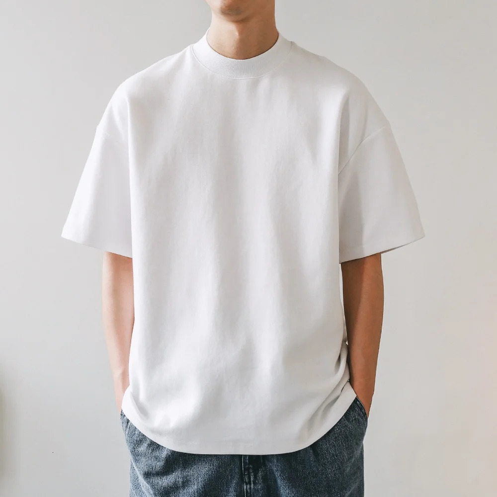 Small Neck T-shirts Men 350gsm Cotton Solid Color Male Short-sleeved T-shirt Spring Summer Loose Bottoming Shirt Casual T Shirts 260605