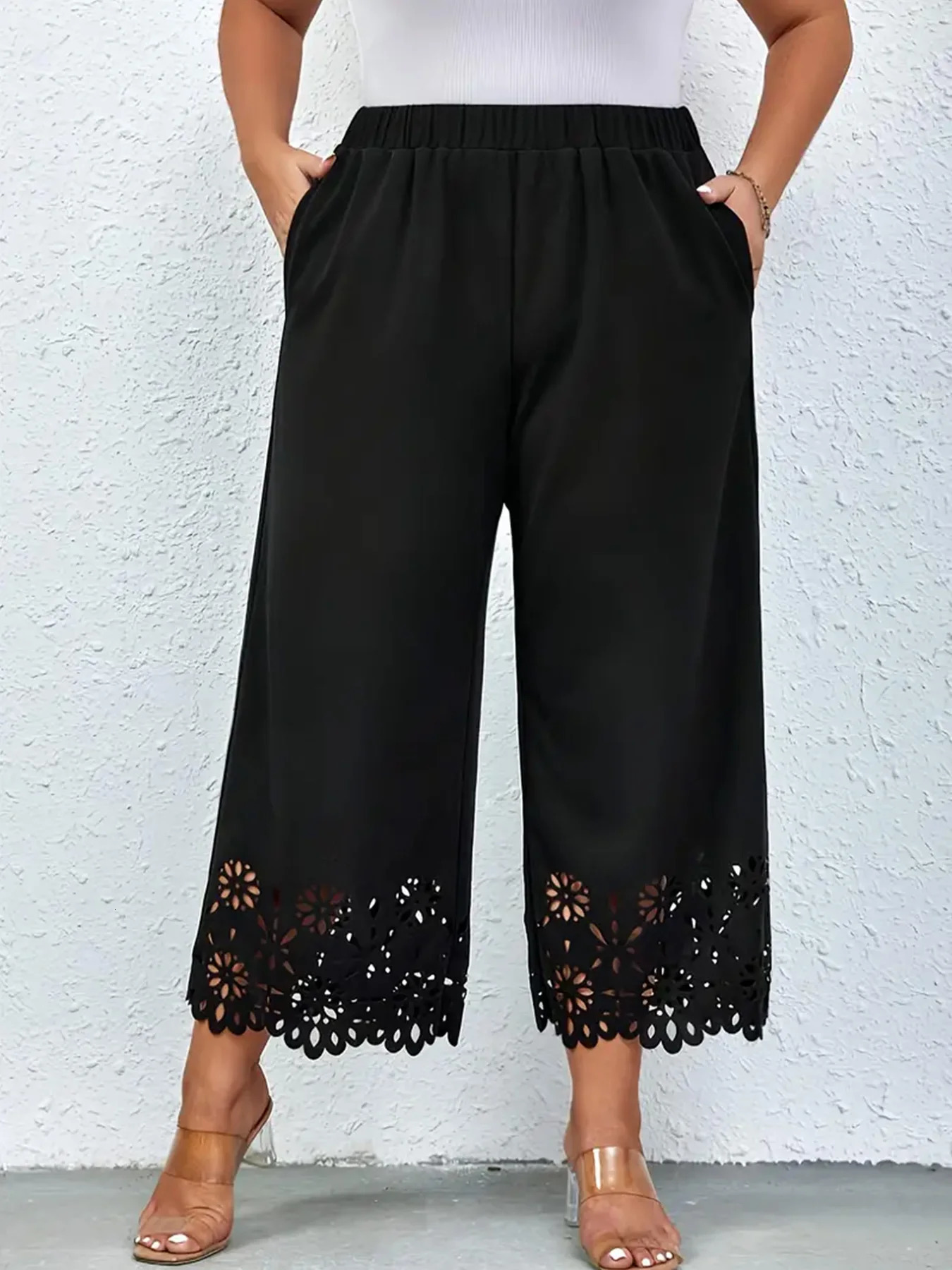 Womens summer plus size knitted fabric elegant temperament hollow wide leg pants 260611