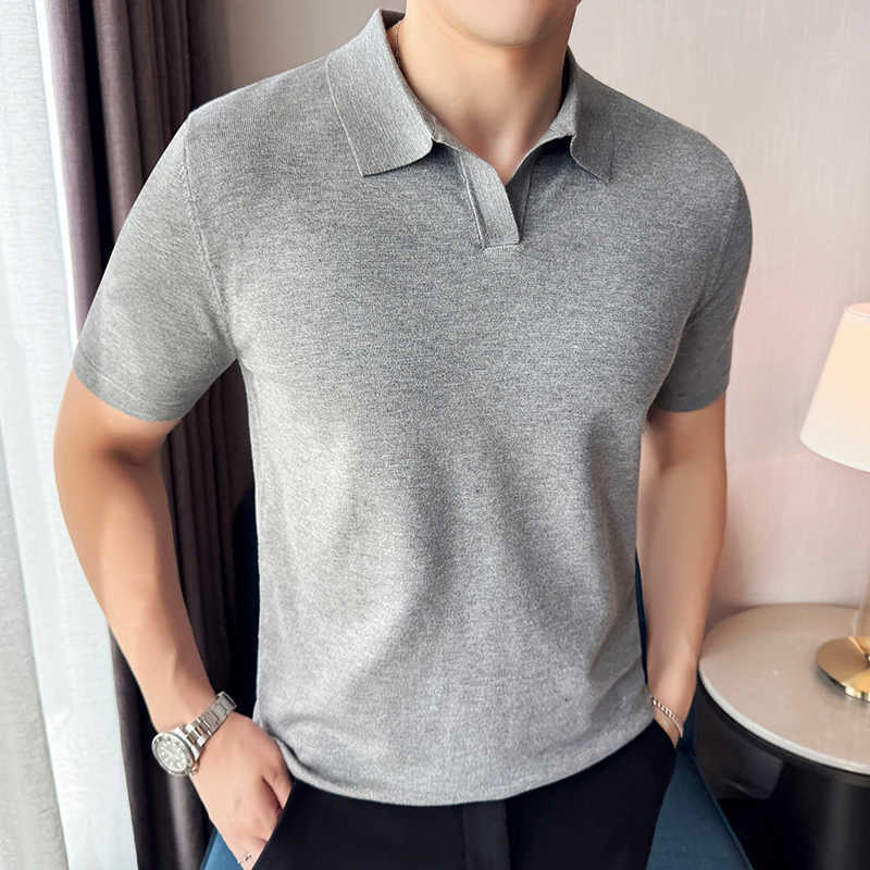 Elasticity Knitted Men High Shirt Short Sleeved 2026 Summer New Ice Silk Light Thin Solid Casual Top T-shirt Men Clothing M260612
