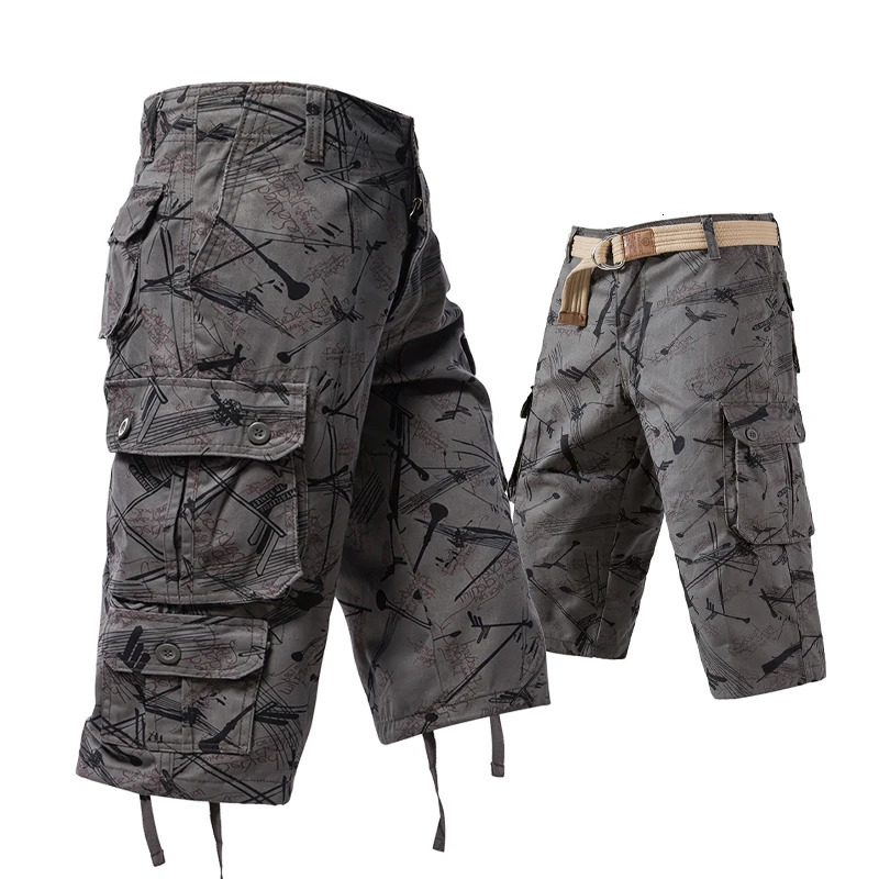 Mens Cargo Pants Shorts 3/4 Cropped Pants Hip Hop Streetwear Camo Shorts Many Pockets Below Knee American Style 260605