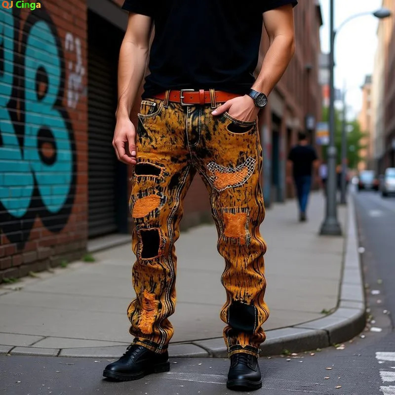 2026 Retrostyle Mens Yellow Jeans Fashionable Casual Trousers Blue Denim Pants Asian Sizes 2942 260612