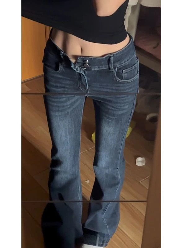 Female Harajuku Casual Low Waist Sheath Flared Jeans Womens Vintage Kpop Retro Y2K Pants Slim 2000s Hight Street Denim Trouser 260612