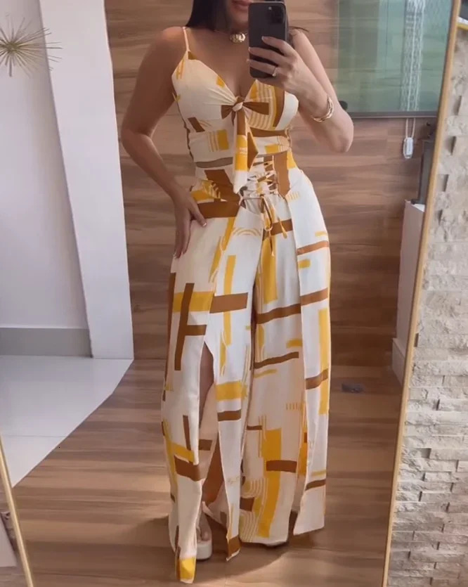 Two Piece Set Women Outfit 2025 Summer Colorblock V-Neck Spaghetti Strap Crop Top Tied Detail High Slit Wide Leg Pants Set 260612BJ
