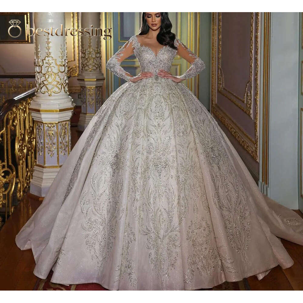 Ball Gown Wedding Dresses V Neck Long Sleeves Sequins Appliques Beaded Floor Length Ruffles 3D Lace Diamonds Zipper Bridal Gowns Plus Size Vestido D