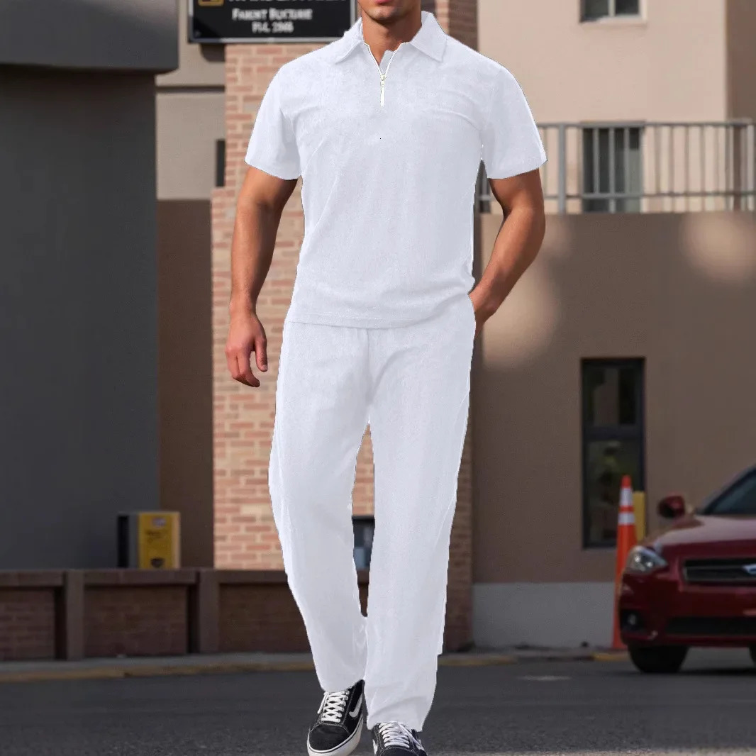Summer corduroy European and American crossborder mens clothing Polo casual loose shortsleeved trousers sports suit 260612
