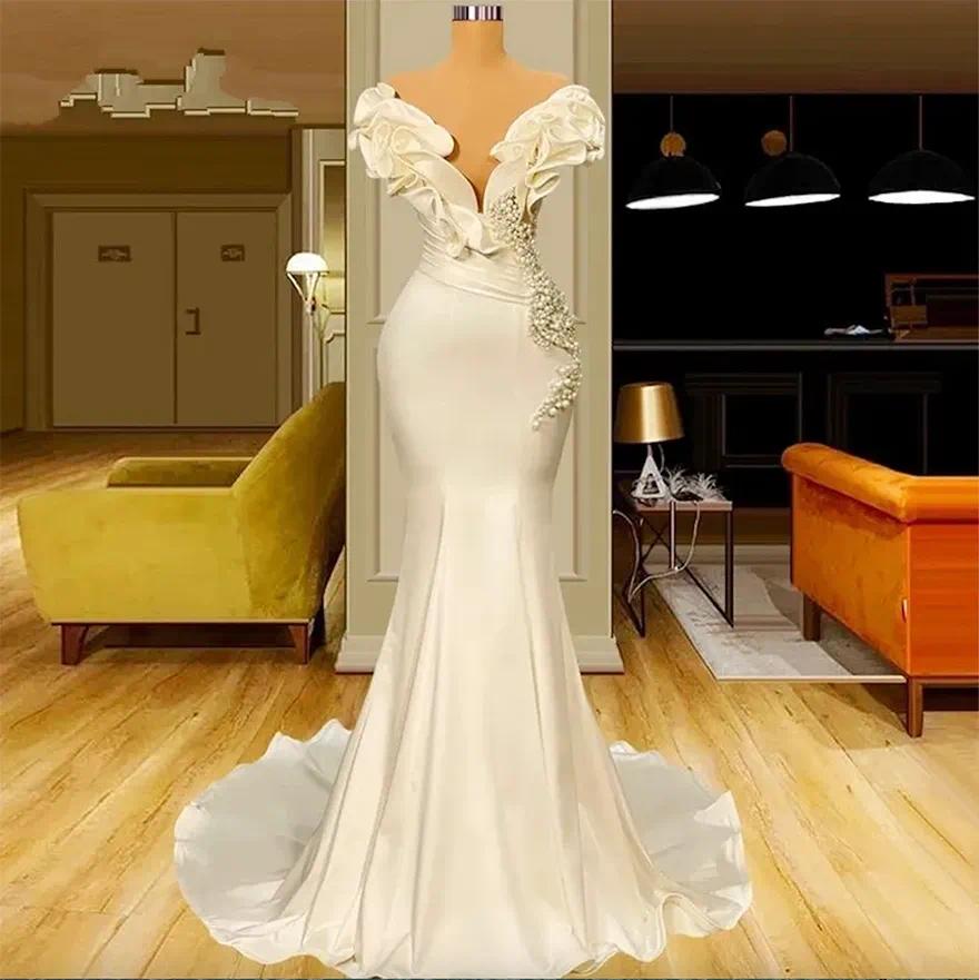 Dubai Arabia Pearls Mermaid Wedding Dresses Off The Shoulder Ivory Satin Ruffles Bridal Gowns Vintage Boho Country Brie Robes