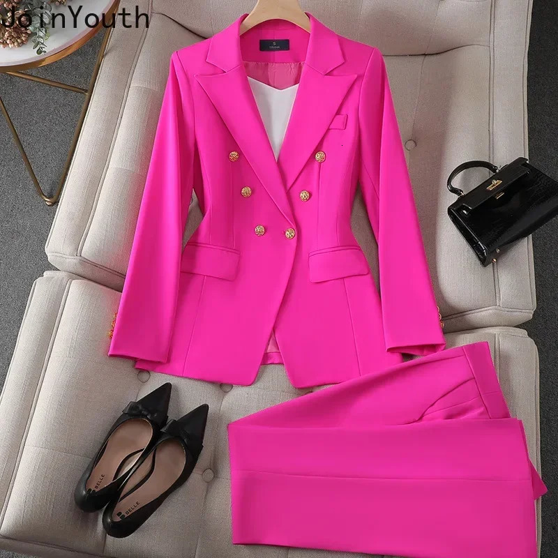 Elegant 2 Piece Set Womens Clothing Double-breasted Blazer Coat High Waist Straight Pants Suit Korean Femme Office Outfits 260610