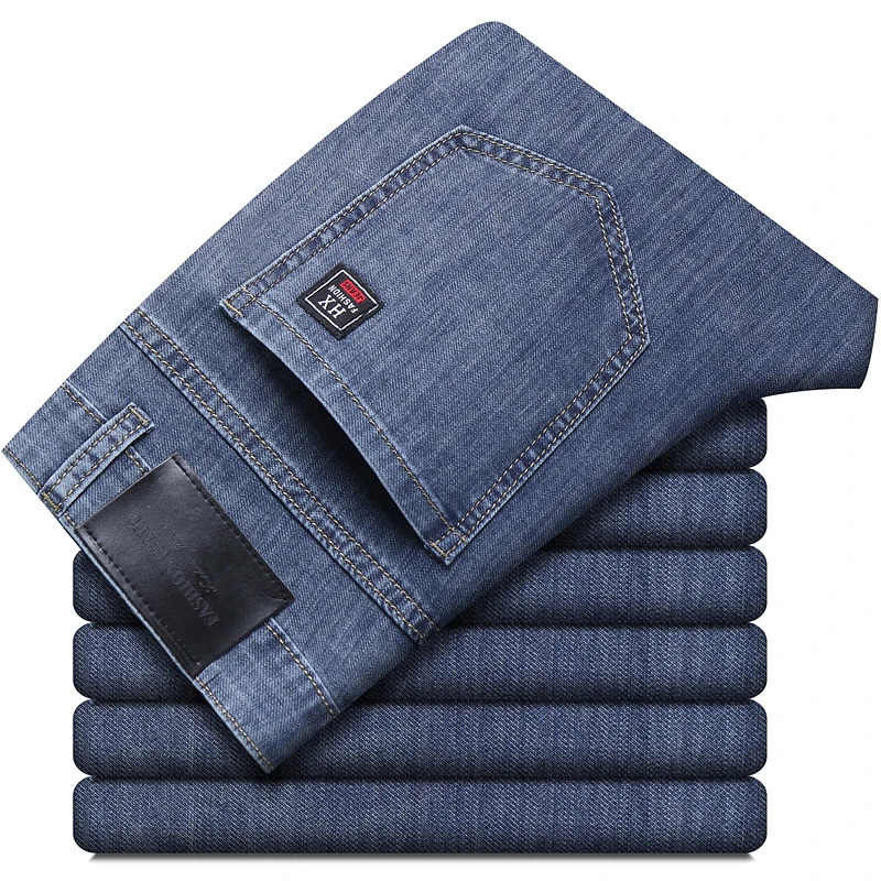 Summer Elastic Mens Jeans Fashion Comfortable Business Straight Stretch Cotton Casual Denim Pants Male Thin Trousers 260612