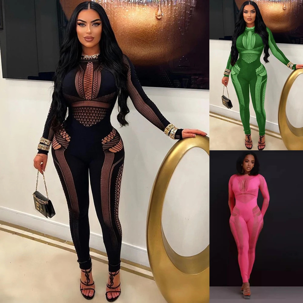2026 Latest n Woman Playsuits See Through Mesh Hollow Out Knit Rompers Sexy Clubwear Womens One Piece Bodysuits Jumpsuit 260612