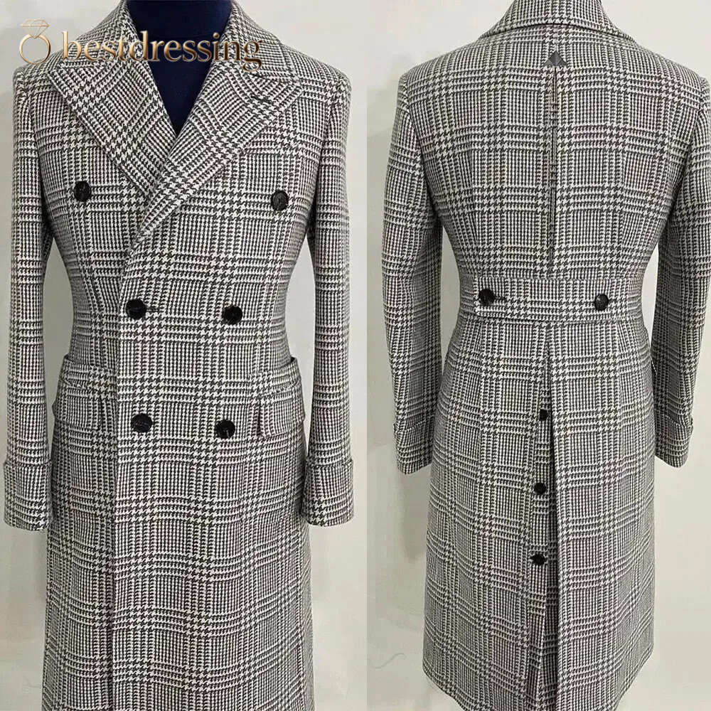 Daily Gray Men Suits Thick Wool Custom Made Double Breasted Tuxedos Peaked Lapel Blazer Back Vent Business High Quality Popular Cheap Price Long Coa