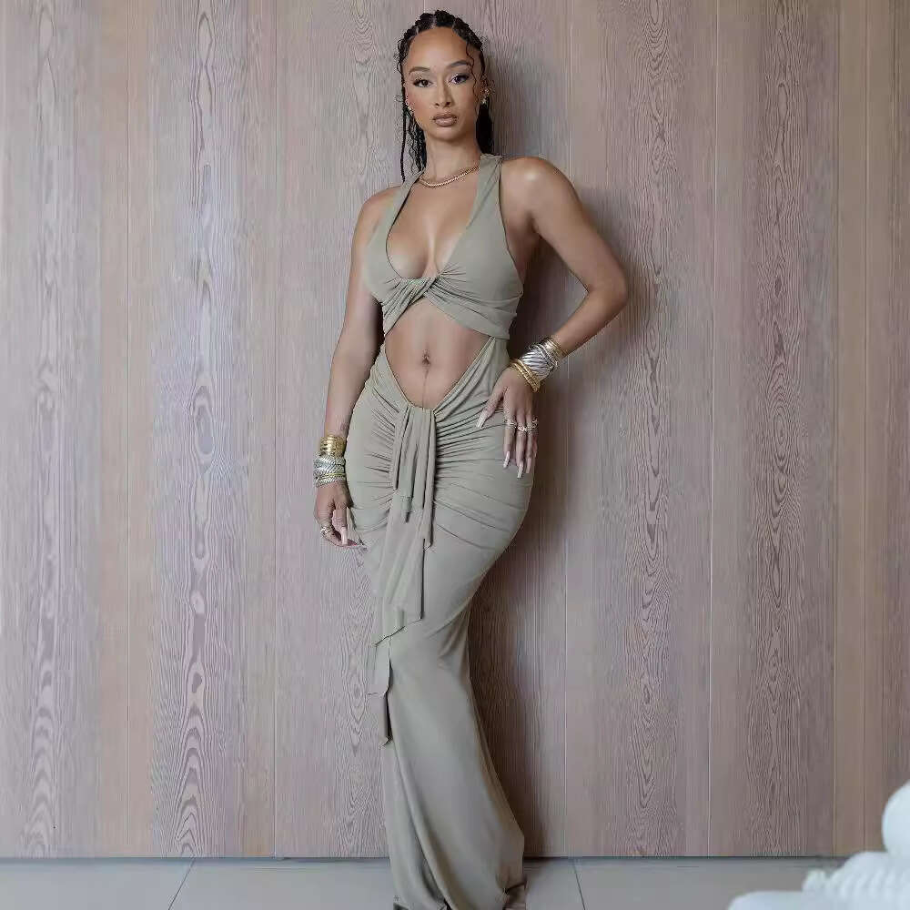 Women S Sexy Twist Hollow Long Ruched Tie Halter Neck Fashion Sleeveless Mermaid Dress Sexy party dress Luxury