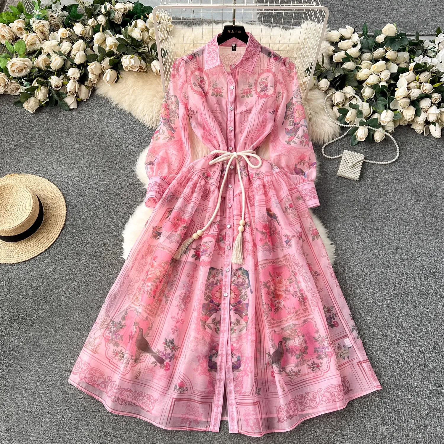 Summer Holiday Beach Long Dress Womens Lapel Long Lantern Sleeve Floral Print Sashes Lace Up Chiffon Loose Vestidos 2029 260611