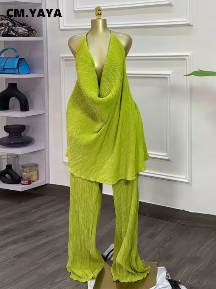 CMYAYA Fashion Womens Set Deep Vneck Halter Top and Wide Leg Pants Suits Street Party Two 2 Piece Sets Outfits Tracksuit 260611