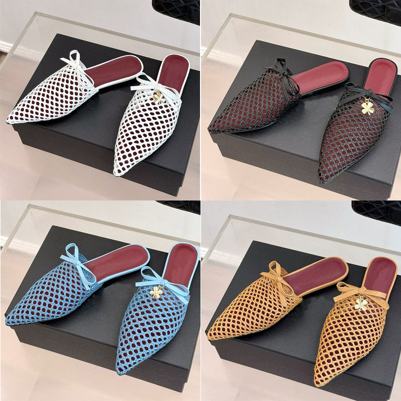 Female Designer Hand Woven Hollow Half Slippers With Pointed Toes Summer Sandals Floral Decorations Exquisite Unique Textures Skin Friendly and Non