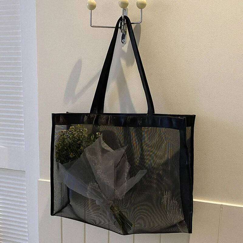 Fashion Shoulder Large Capacity Mesh Shopping Bag Solid Color Top-Handle Handbag All-match for Summer Vacation Travel