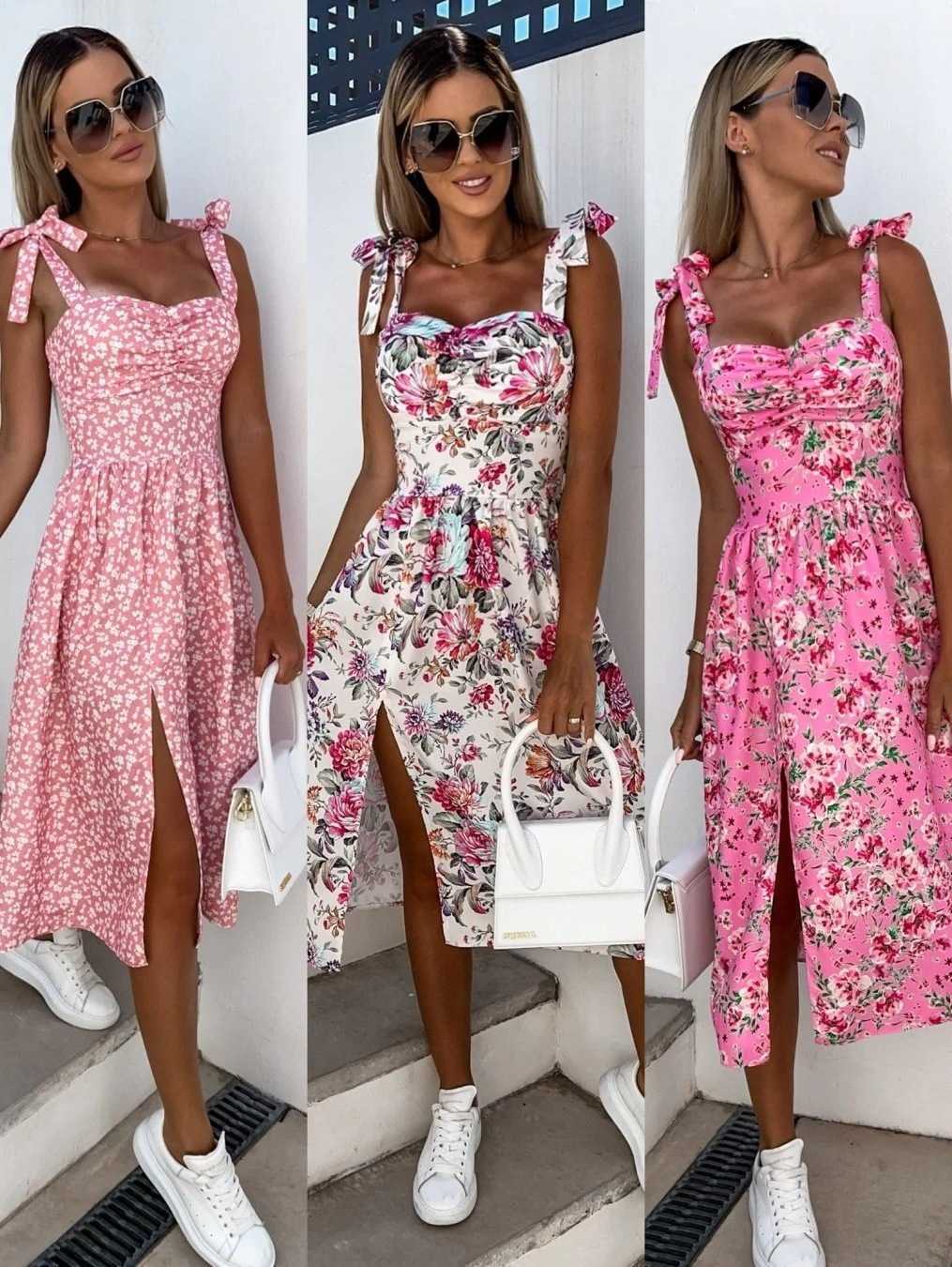 Dresses Casual Summer Strap Dress Women Floral Print Slveless Sling Dress Boho Slash Neck Slit Beach Party Dress Sundress Robe S260612