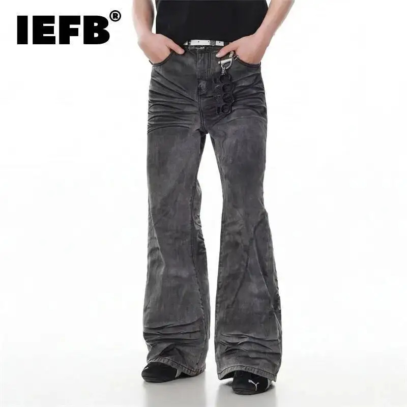 IEFB Mens Black Distressed Straight Leg Jeans American High Street Vibe Style Slightly Ripped Denim Pants Summer Bottoms 9X3240 260610