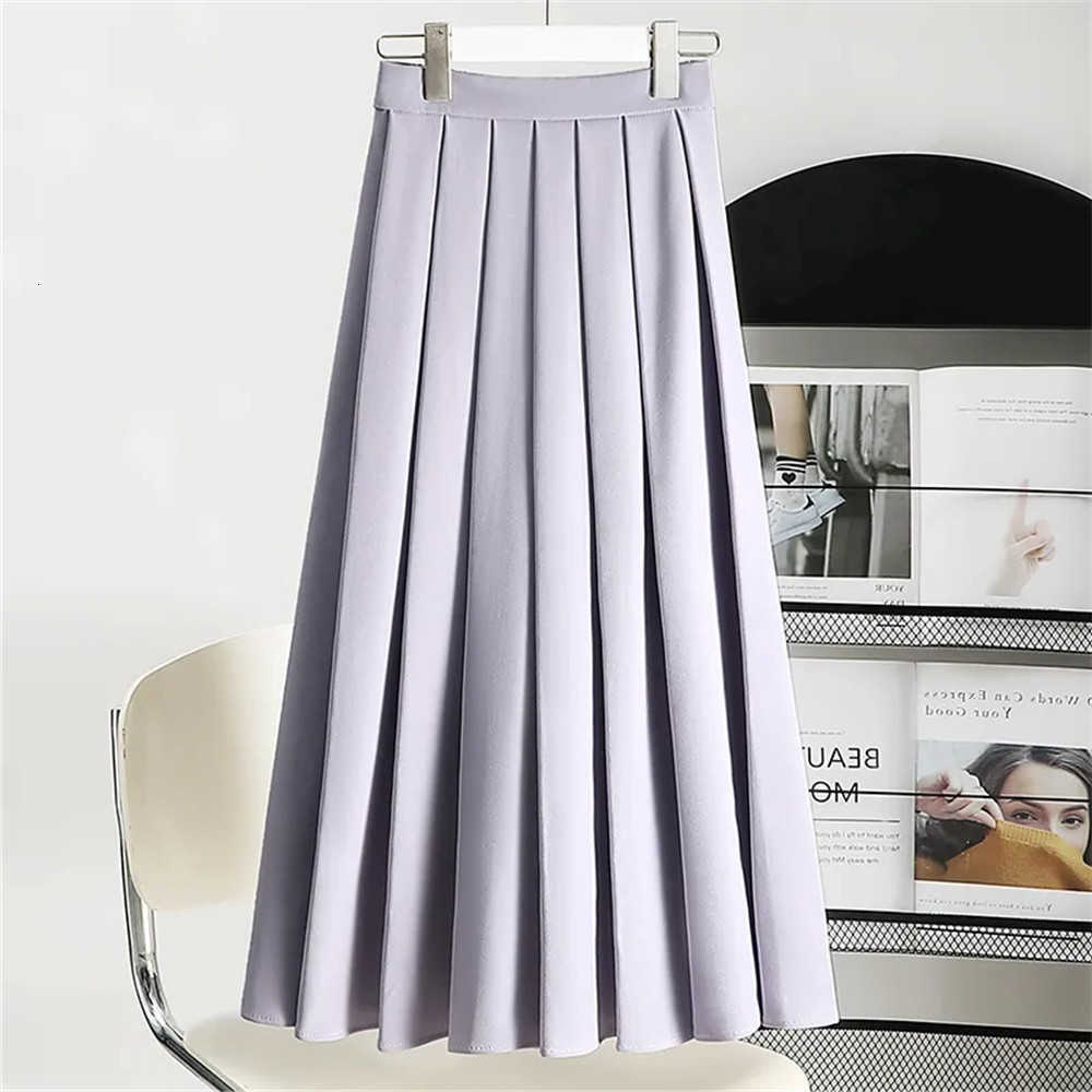 Pleated Waist Long Elegant High Skirt Casual Women Summer Mid-Length Skirts Korean A-Line Students Sweet Black White Saia M260612