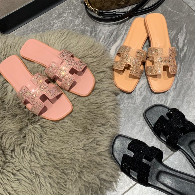 Slippers Women shoes Bling Glitter H Buckle Slides Open Toe Flat Sandals Soft Sole Summer Beach Free shipping Designer shoes 35-42