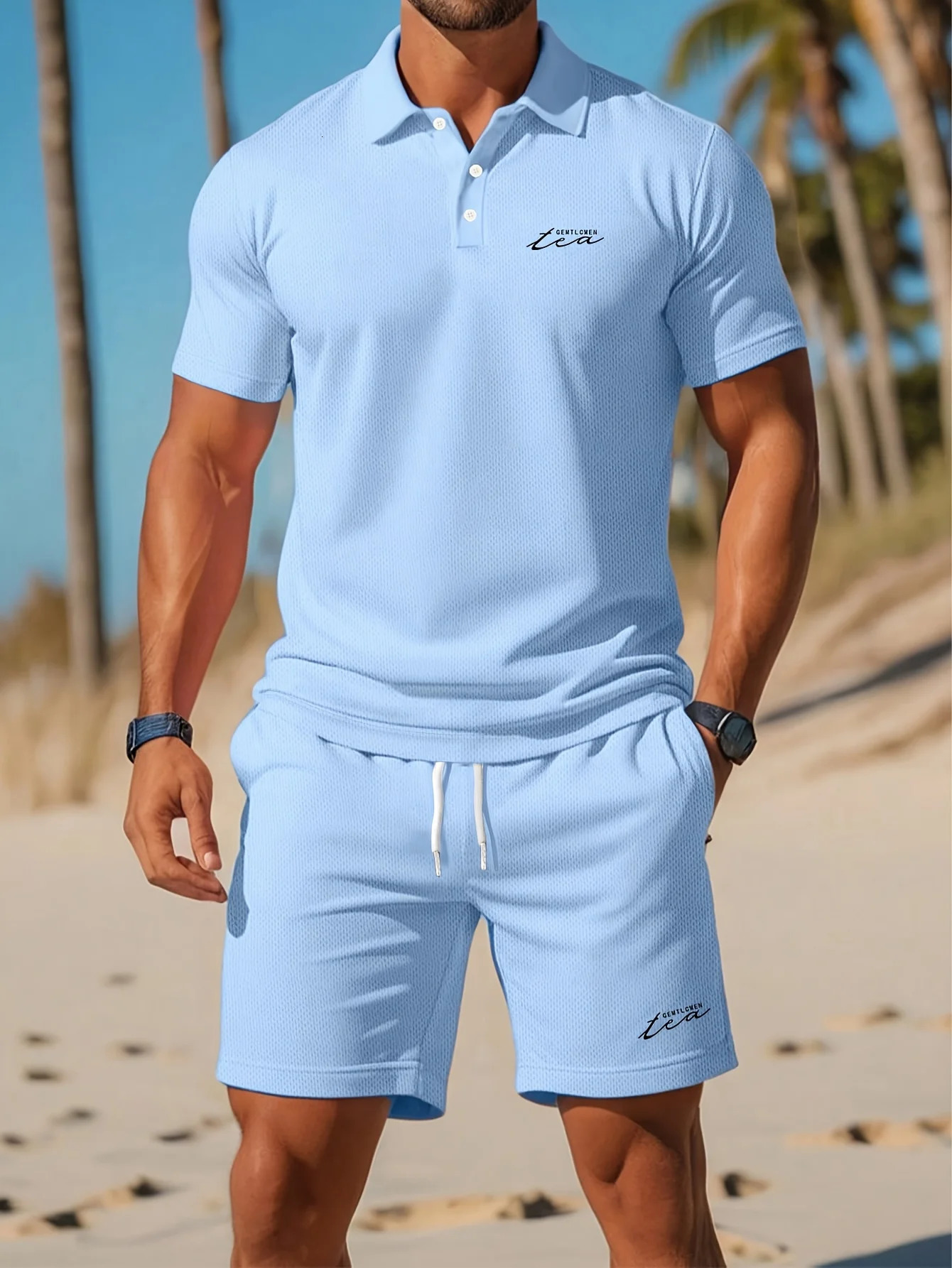 Solid Color Sky Blue Mesh Fabric Mens 2PCS Casual Set Letter Printed Lapel Top and Drawstring Belt Shorts Summer Vacation