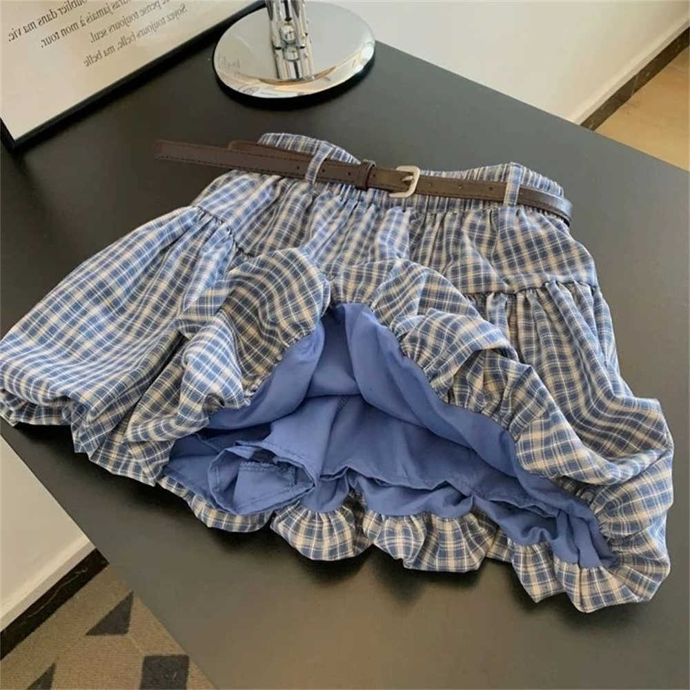 Tutu Vintage Plaid Skirt Mini Women Streetwear With Belt Bud Skirts Summer Harajuku Korean High Waist Casual A Line Faldas New M260612