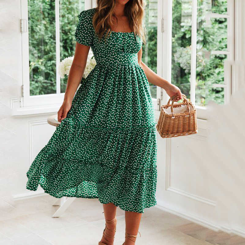 Dresses Casual Vestidos Print Puff Slve summer Beach swt dresses Casual Square collar floral long dress festa S260612