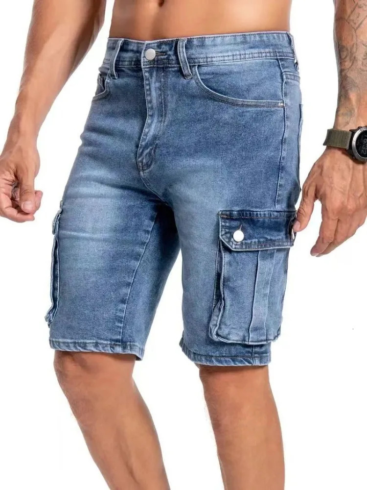 Summer Mens Stretch Slim Denim Shorts Casual Cargo with Large Pockets Solid Color Fashion Light Blue Jeans Male 260611