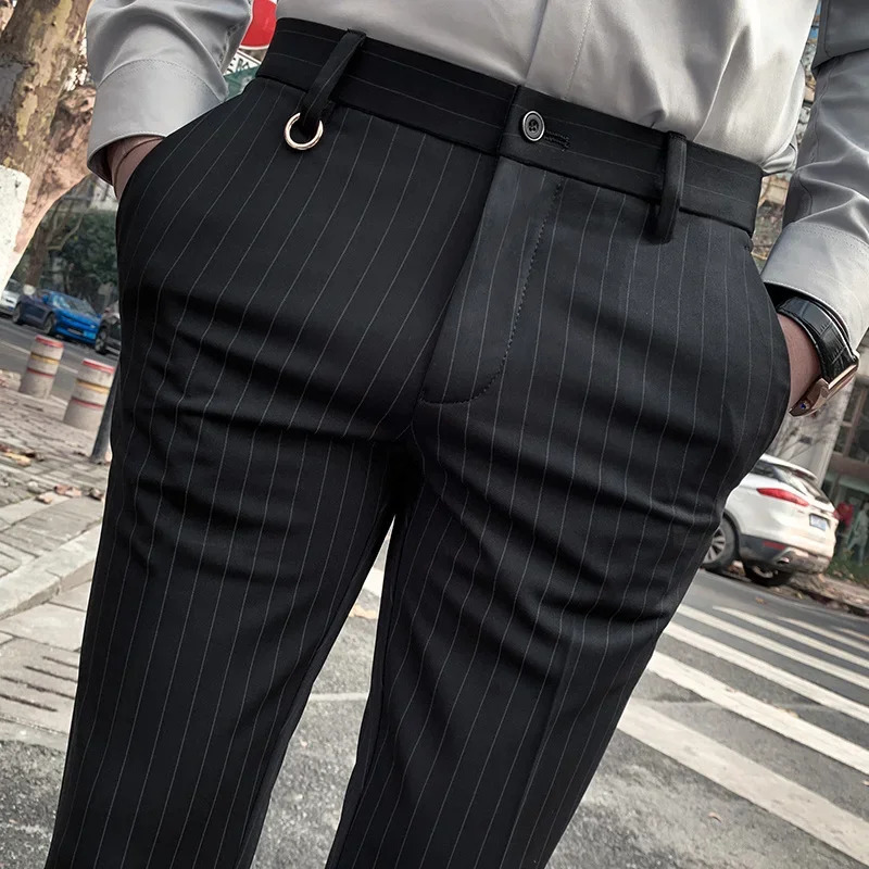 Mens Suit Pants Dress Stretch Slim Straight Black Striped Formal Boutique Fashion Clothing Ankle Trouser 260611