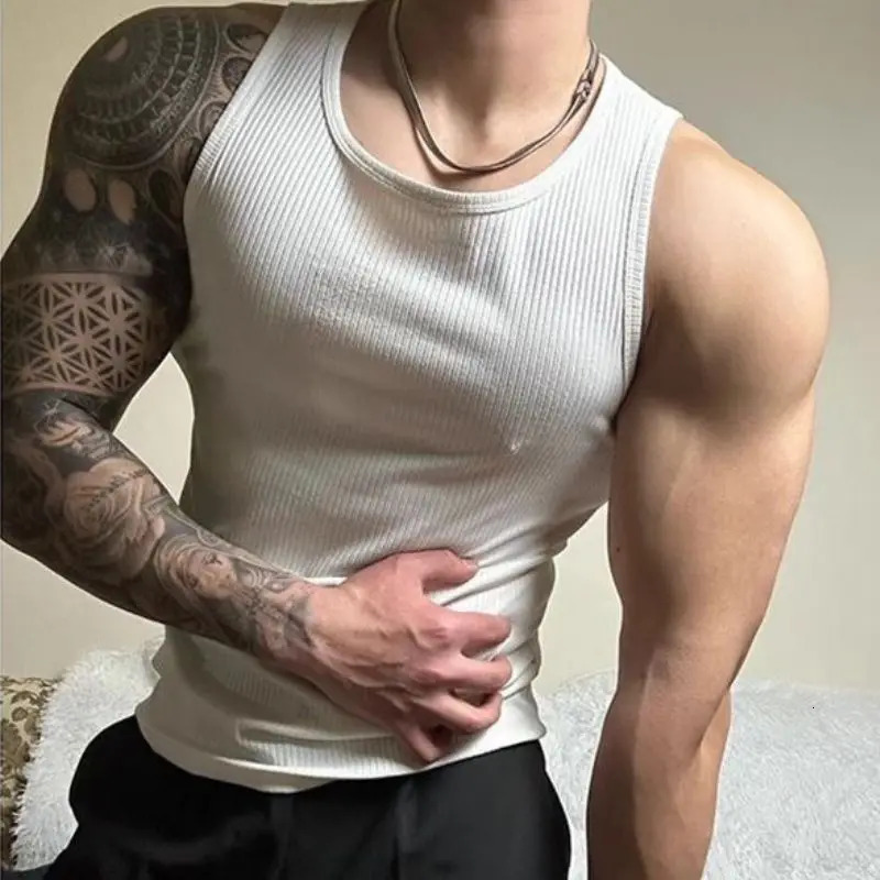 Summer Men Gym Running Bodybuilding T Shirt Breathable Cotton Sleeveless Tank Tops Basic Elastic Fitness Vest Sports Vest 260611