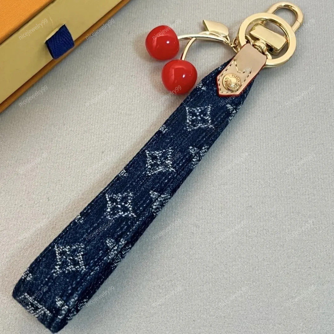 Luxury Alloy Denim Cherry Keychains Designer Unisex Bag Charms Car Key Holders For Men And Women