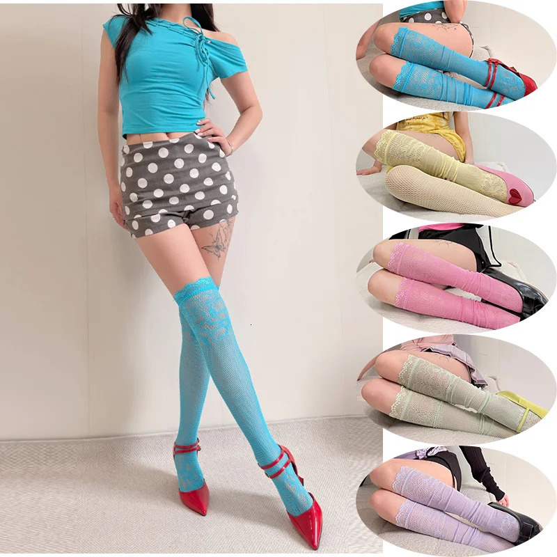 Sweet Girls Dopamine Knee High Socks Spring Summer Solid Color Thin Lace Hollow Out JK Stocking Women Breathable Pile Calf Socks 260612