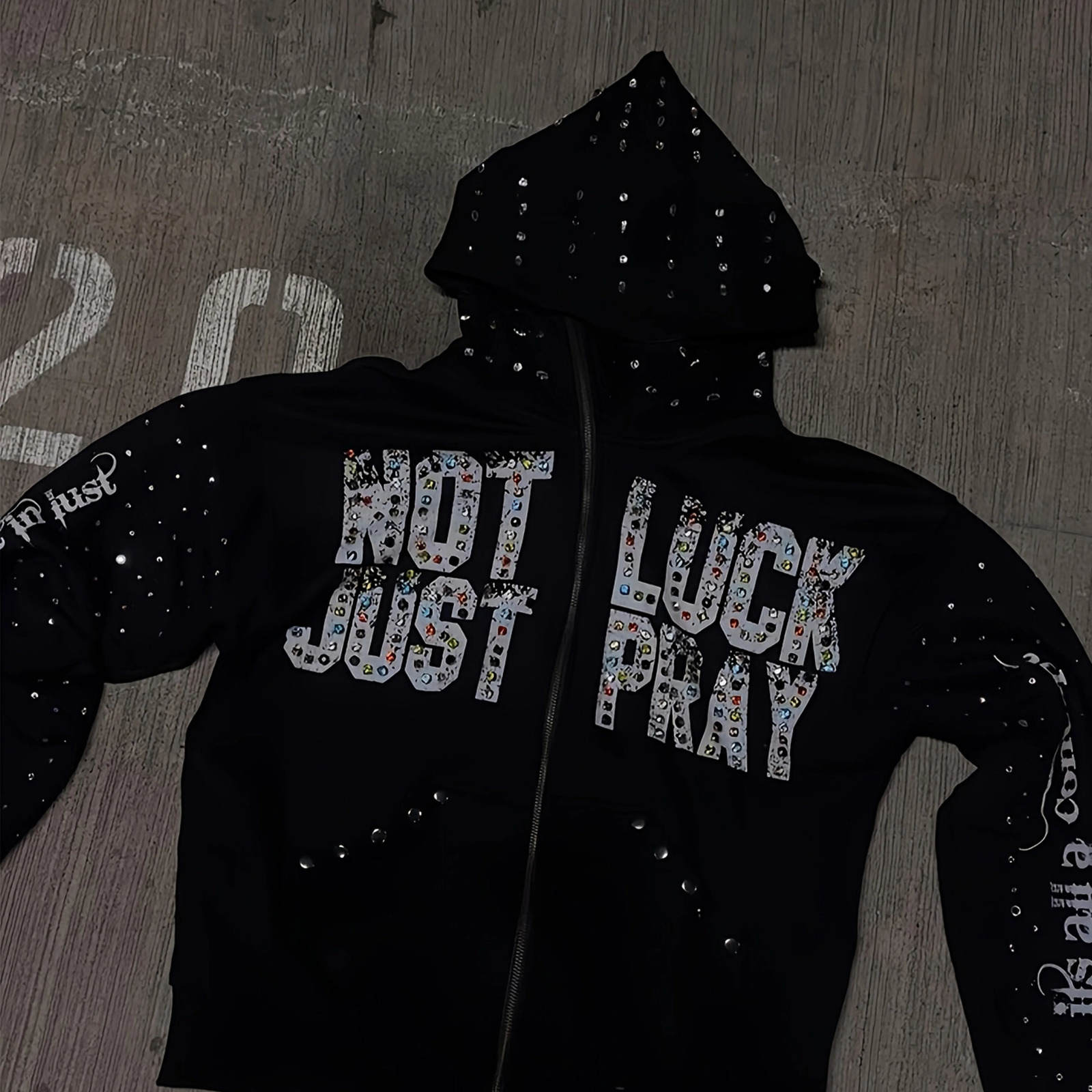 Y2K rhinestone-studded hooded sweatshirt with a NOT JUST LUCK PRAY letter print perfect for everyday wear 260608