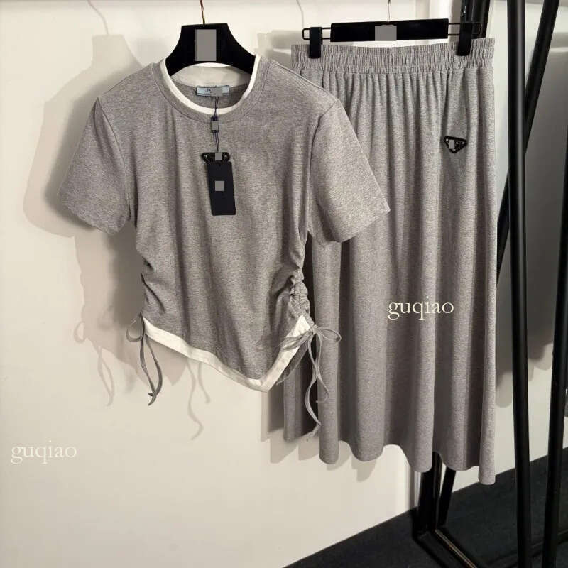 Designer Two Piece Set Women 2 Piece Set Drawstring Ruched T Shirt Elastic Waist Skirt High Quality Summer Clothes Women Designer