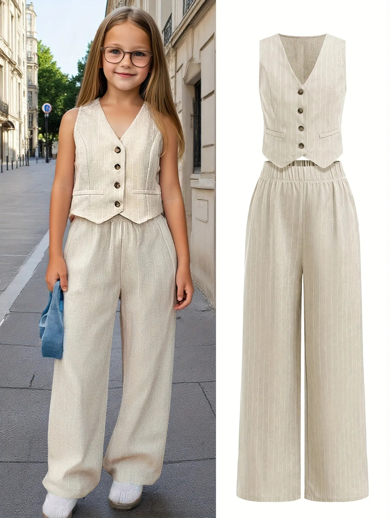 Girls 2-Piece Linen Blend Suit - Beige Pinstripe Waistcoat Wide Leg Pants Formal Set for Kids 260611