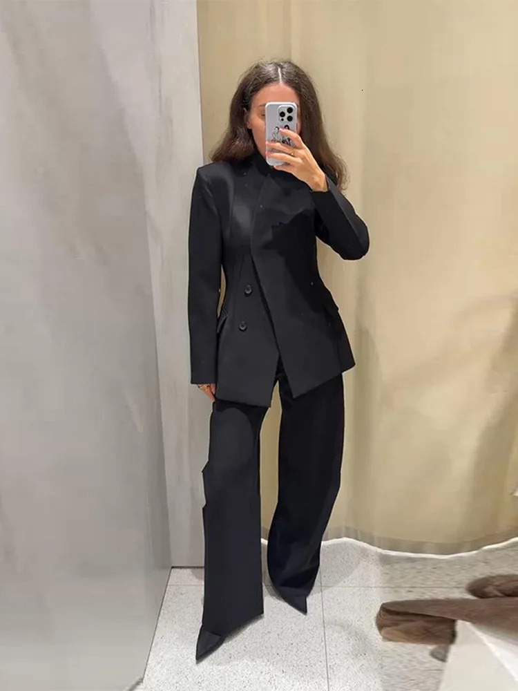 Women Solid Slim Hidden Button Blazer Pants Set Stand Collar Coat Wide Leg Trousers Chic Fashion Elegant Lady Office Suit 260611