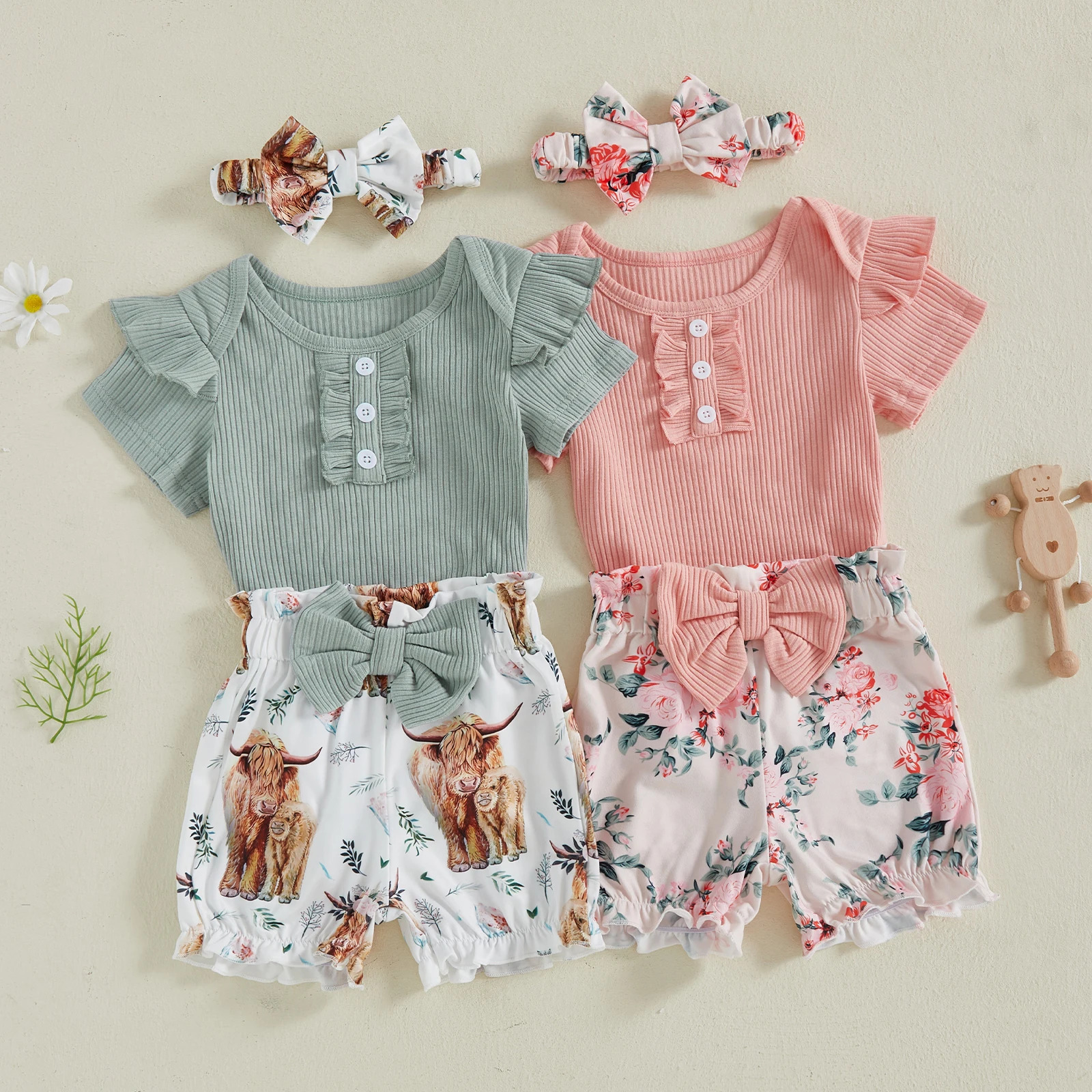 Citgeett Summer Infant Baby Girl Outfits Solid Color Short Sleeve Romper Floral Cow Print Shorts Headband Clothes Set 260611