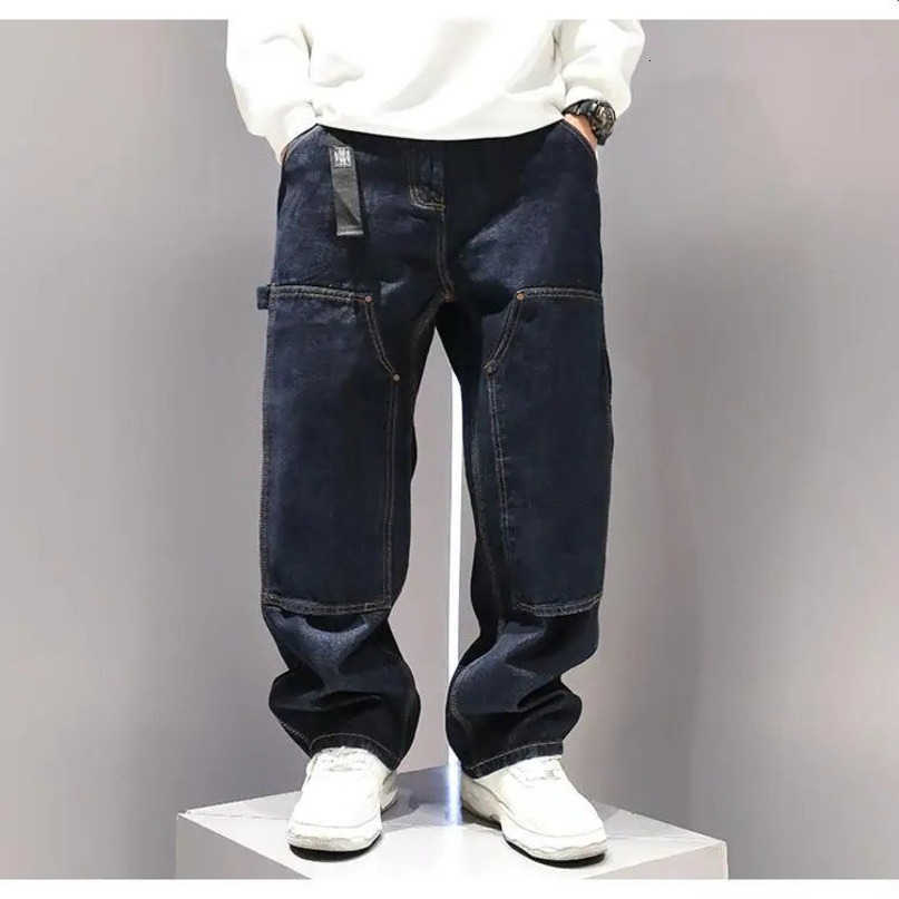 Blue Washed Straight leg Jeans Strt Cargo Pants Japanese Harajuku style Hip hop loose wide pants mens clothing S260612