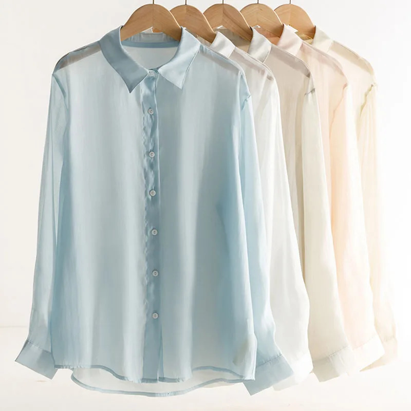HighEnd Chiffon Blouse Spring Summer Long Sleeve Thin SunProof Shirts Top Female Simple Casual Lapel Ice Silk Shirt 260527