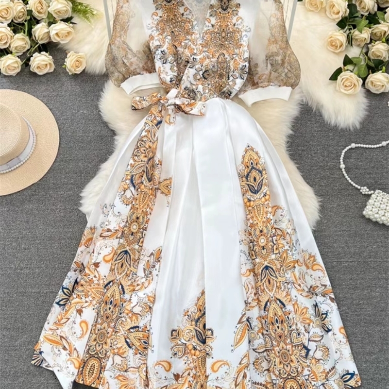 Summer Vintage Style Printed Dress Womens V-Neck Short Sleeve Lace-up Slim Fit A-line Chiffon Long Skirt 260611