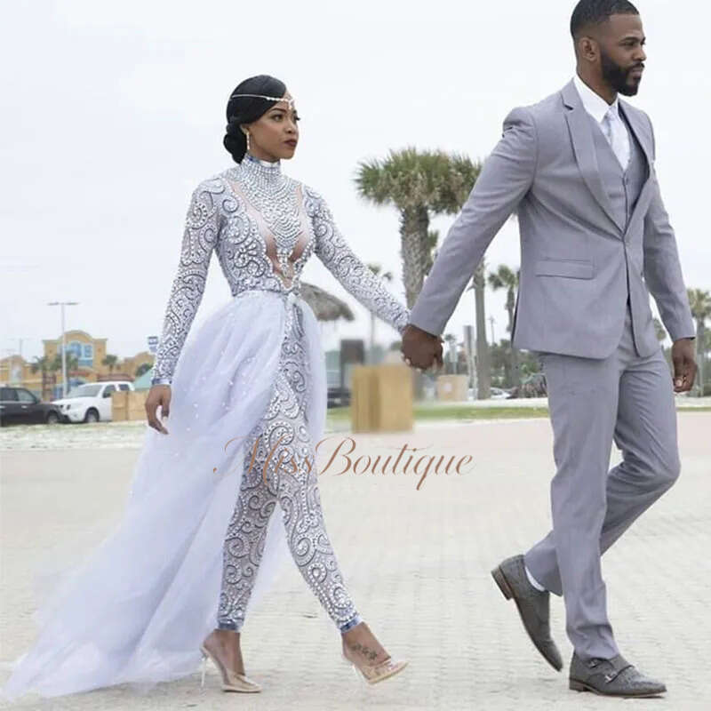 2026 Dress Gorgeous Jumpsuits With Detachable Train High Neck Beads Crystal Long Sleeves Modest Wedding Dresses African Q612