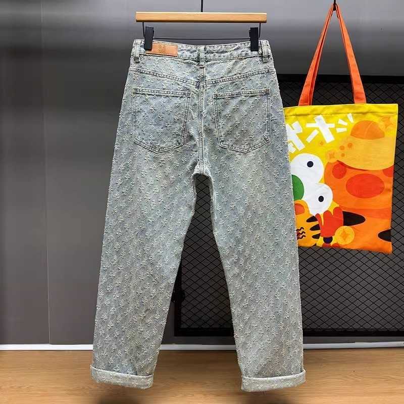 New Mens Streetwear Allover Jeans Light Textured Wash Loose Straight Leg Denim Pants trendy loose straight pure blue washed jeans retro wide-leg sty