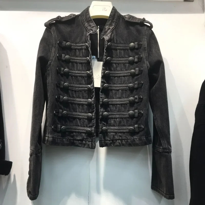 Retro Military Style Handsome Stand Collar Denim Jackets Female Double-breasted Wild Slim Short Denim Jackets Women Outerwear 260609